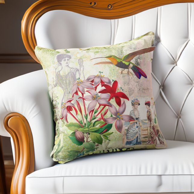 Elegant Victorian Fashion Collage Flowers Birds Cushion (Creator Uploaded)