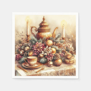Elegant Victorian Gold Teapot Christmas Floral  Napkin