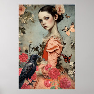 Elegant Victorian Gothic Girl Floral & Raven Poster