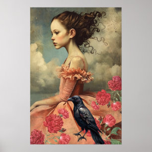 Elegant Victorian Gothic Girl Floral & Raven Poster