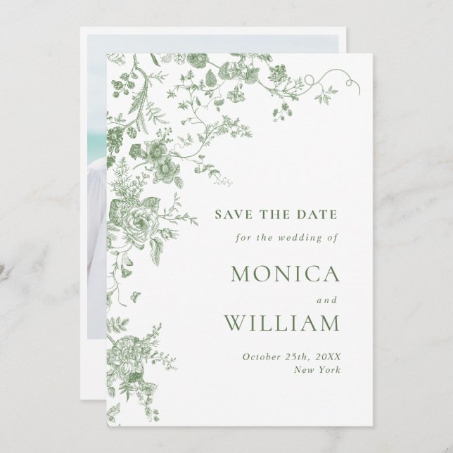 Elegant Victorian Green French Floral Wedding Save The Date (Front/Back)