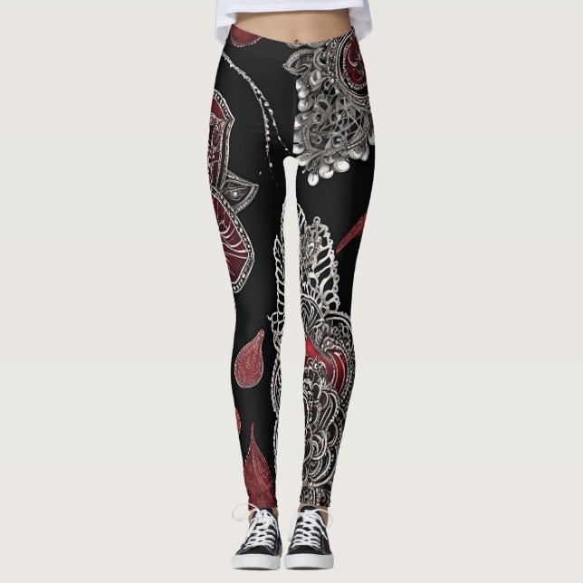 Elegant victorian lace & gothic crimson  AI art  Leggings (Front)