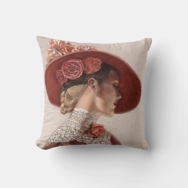 Elegant Victorian Lady Art Floral Roses Hat Pillow (Front)