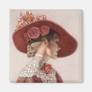 Elegant Victorian Lady Fine Art Vintage Rose Hat Magnet