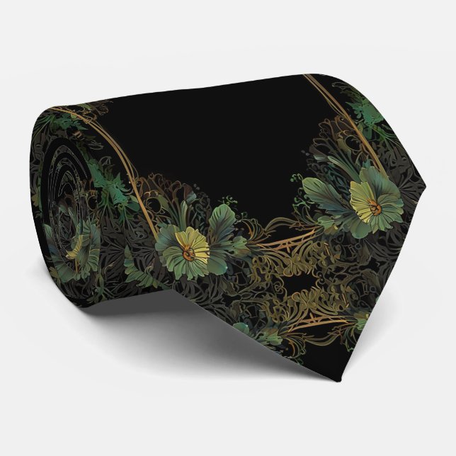 Elegant victorian moody dark green gold botanical  tie (Rolled)