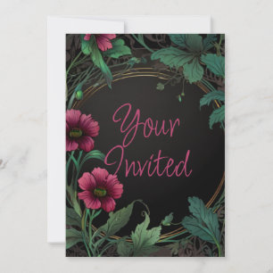 Elegant victorian moody dark green pink floral invitation