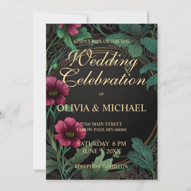 Elegant victorian moody dark pink floral Wedding Invitation (Front)