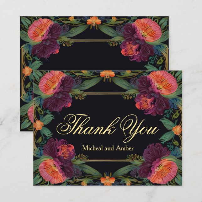 Elegant Victorian moody dark pink magenta floral  Thank You Card (Front/Back)