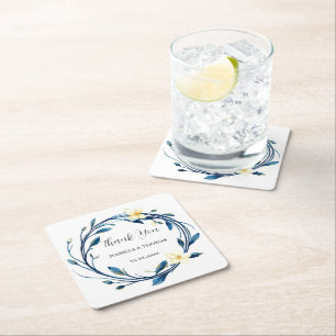 Elegant Victorian Navy Blue Lily Floral Botanical Square Paper Coaster