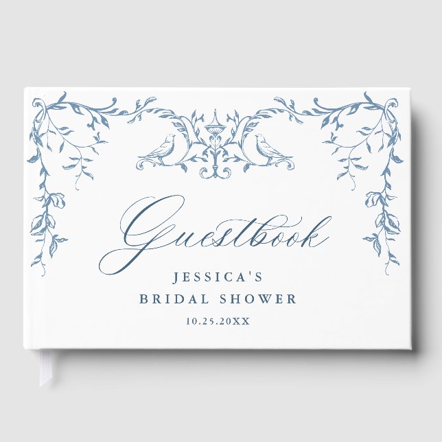 Elegant Victorian Ornate Blue Floral Bridal Shower Guest Book (Front)