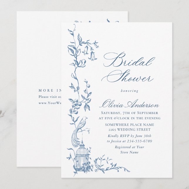 Elegant Victorian Ornate Blue Floral Bridal Shower Invitation (Front/Back)