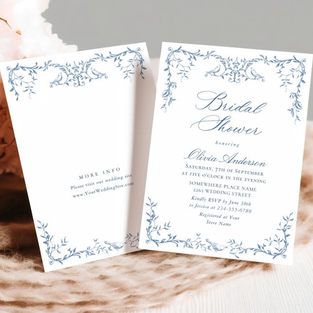 Elegant Victorian Ornate Blue Floral Bridal Shower Invitation (Creator Uploaded)