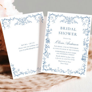 Elegant Victorian Ornate Blue Floral Bridal Shower Invitation