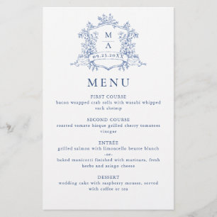 Elegant Victorian Ornate Blue Floral Wedding Menu
