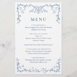 Elegant Victorian Ornate Blue Floral Wedding Menu