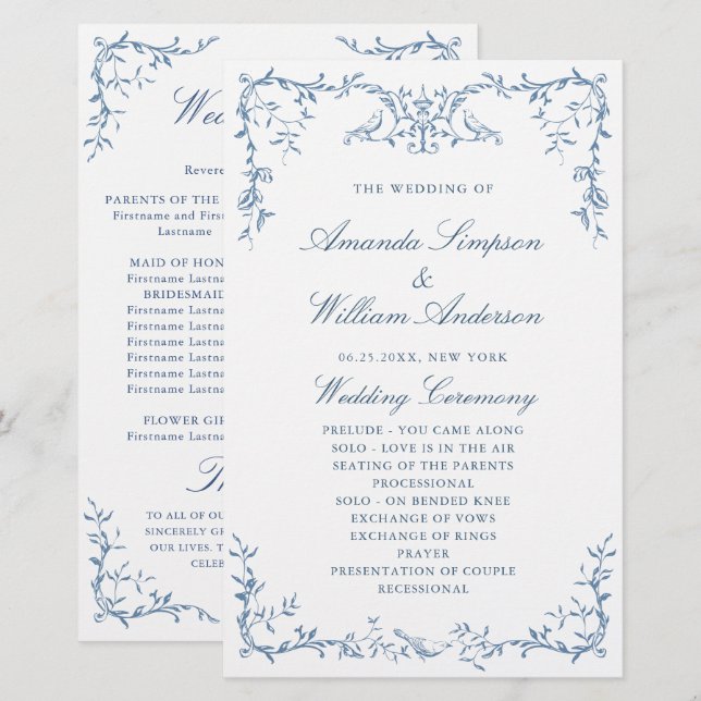 Elegant Victorian Ornate Blue Wedding Program (Front/Back)