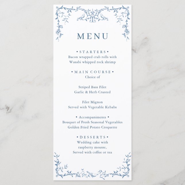 Elegant Victorian Ornate Dusty Blue Floral Wedding Menu (Front)