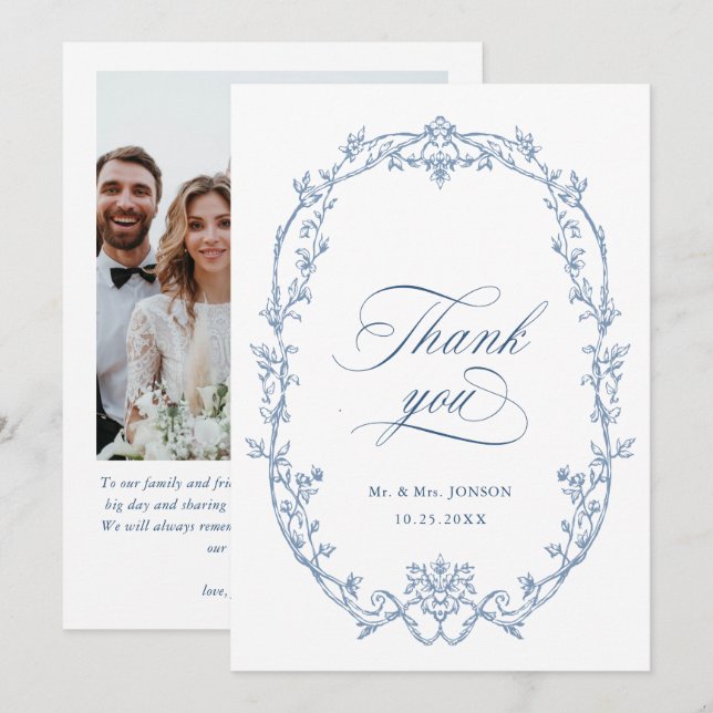 Elegant Victorian Ornate Dusty Blue Wedding Photo Thank You Card (Front/Back)