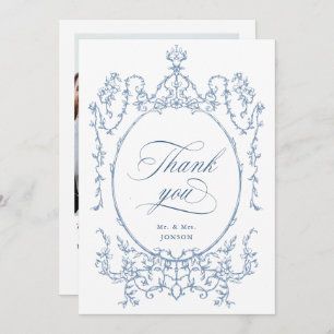 Elegant Victorian Ornate Dusty Blue Wedding Photo Thank You Card