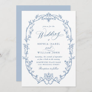 Elegant Victorian Ornate Floral Dusty Blue Wedding Invitation
