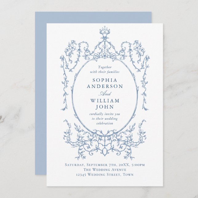 Elegant Victorian Ornate Floral Dusty Blue Wedding Invitation (Front/Back)