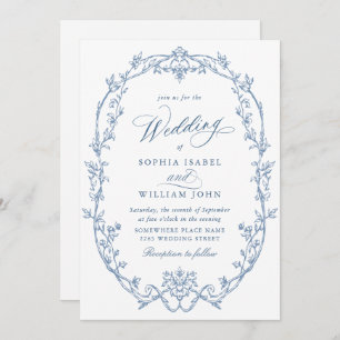 Elegant Victorian Ornate Floral Dusty Blue Wedding Invitation