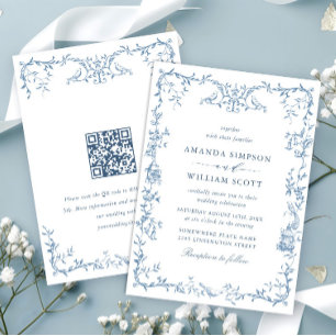 Elegant Victorian Ornate Floral Dusty Blue Wedding Invitation