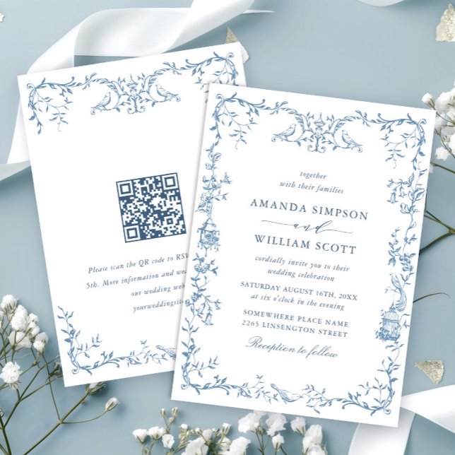 Elegant Victorian Ornate Floral Dusty Blue Wedding Invitation (Creator Uploaded)