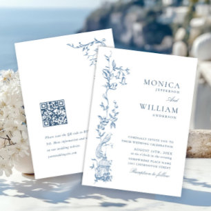 Elegant Victorian Ornate Floral Dusty Blue Wedding Invitation