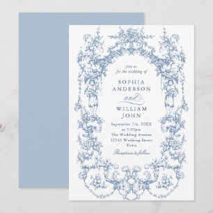 Elegant Victorian Ornate Floral Dusty Blue Wedding Invitation