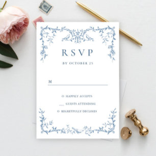 Elegant Victorian Ornate Floral Dusty Blue Wedding RSVP Card