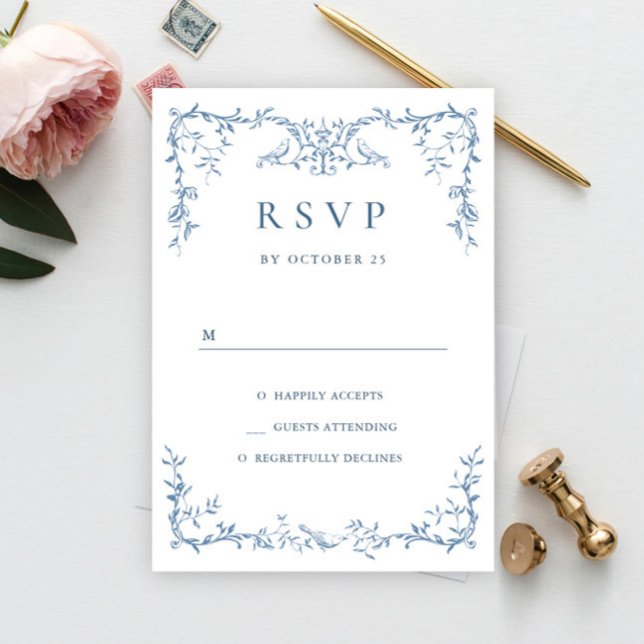 Elegant Victorian Ornate Floral Dusty Blue Wedding RSVP Card (Creator Uploaded)
