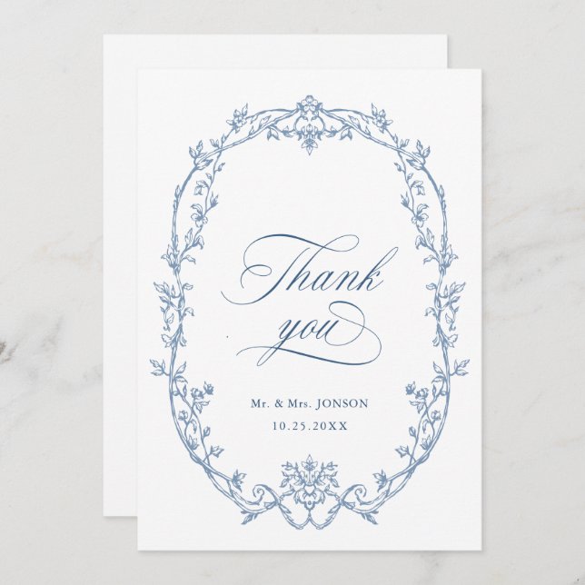 Elegant Victorian Ornate Floral Dusty Blue Wedding Thank You Card (Front/Back)