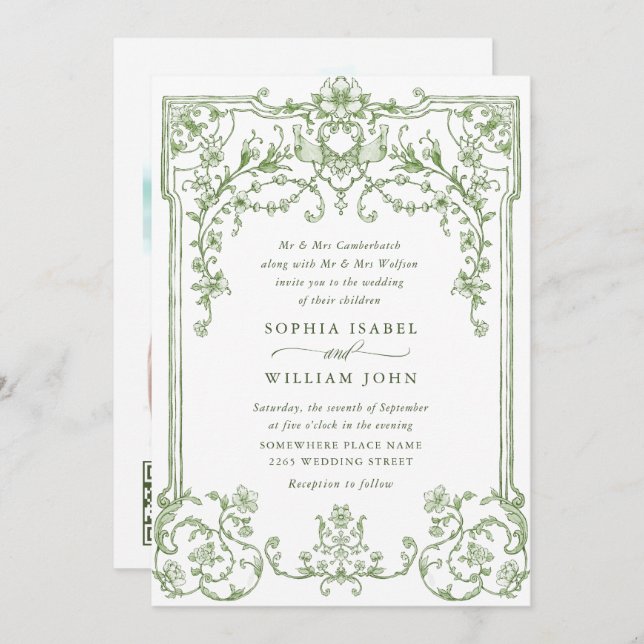 Elegant Victorian Ornate Floral Sage Green Wedding Invitation (Front/Back)