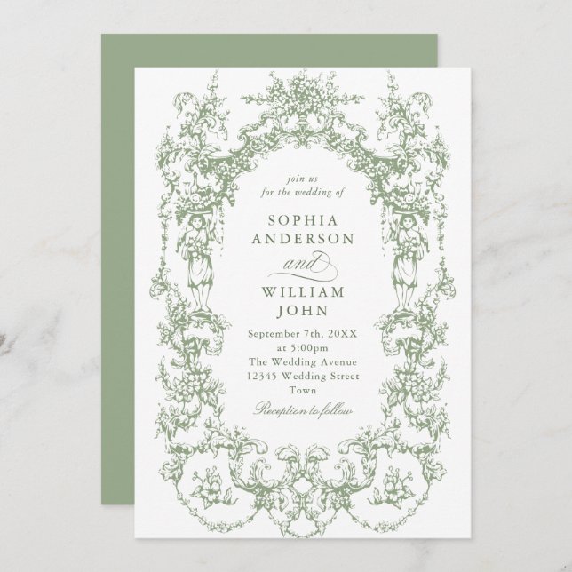 Elegant Victorian Ornate Floral Sage Green Wedding Invitation (Front/Back)