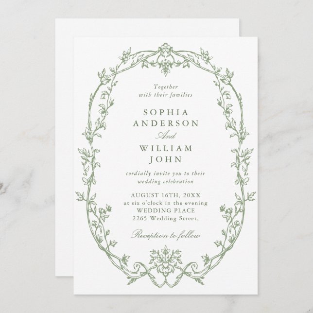 Elegant Victorian Ornate Floral Sage Green Wedding Invitation (Front/Back)