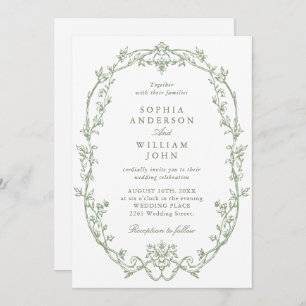 Elegant Victorian Ornate Floral Sage Green Wedding Invitation