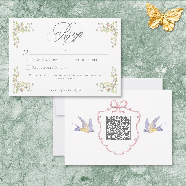 Elegant Victorian Pastel Floral Bow Wedding QR RSVP Card (Elegant Victorian Pastel Floral Bow Wedding QR RSVP Card)