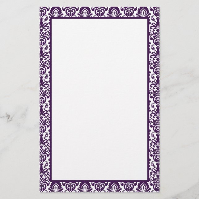 Elegant Victorian Purple Lace Damask Print Border Stationery (Front)