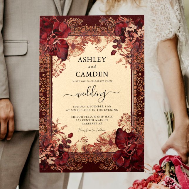 Elegant Victorian Red Gold Wedding Invitation (Creator Uploaded)