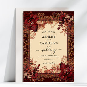 Elegant Victorian Red Gold Wedding Save The Date