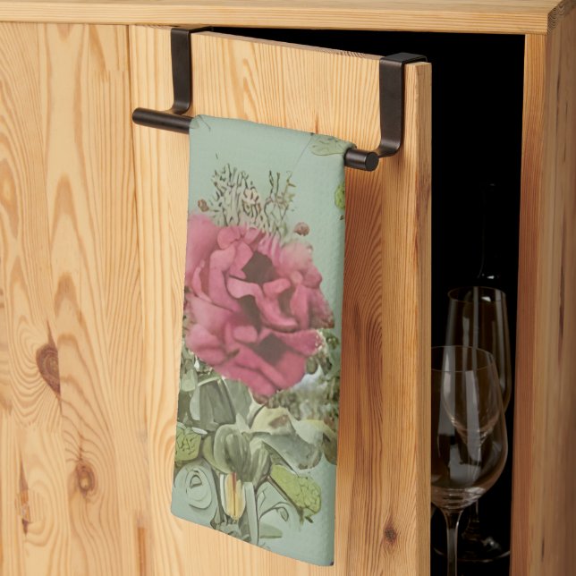 Elegant Victorian Red Rose Pattern Tea Towel (Thirds Fold)