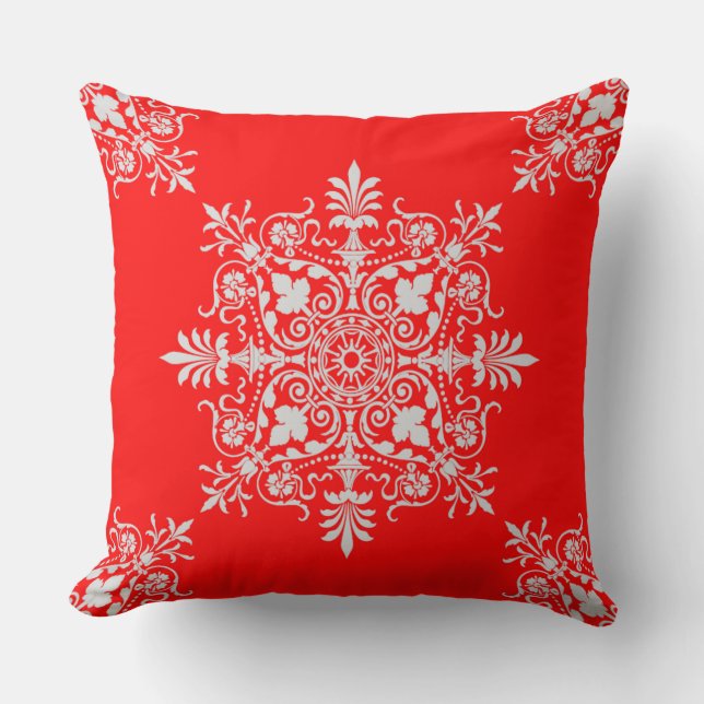 Elegant Victorian Red White Floral Swirl Pattern Cushion (Front)