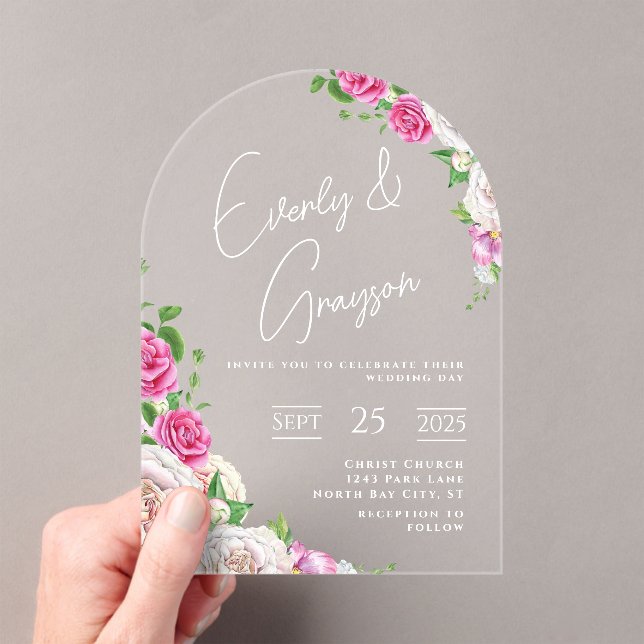 Elegant Victorian Rose Floral Wedding  Acrylic Invitations (Insitu (Handheld))