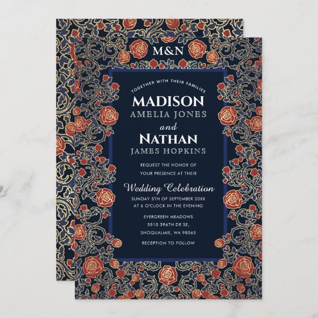 Elegant Victorian Rose Gold Foil Wedding Invitation (Front/Back)
