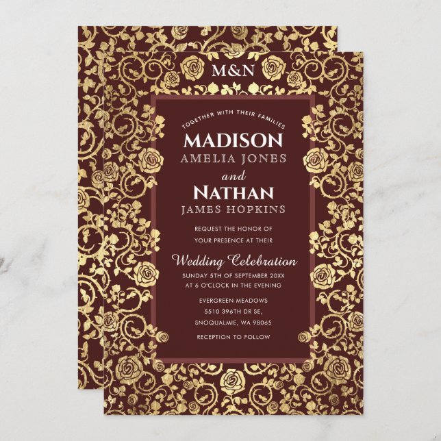 Elegant Victorian Rose Gold Foil Wedding Invitation (Front/Back)