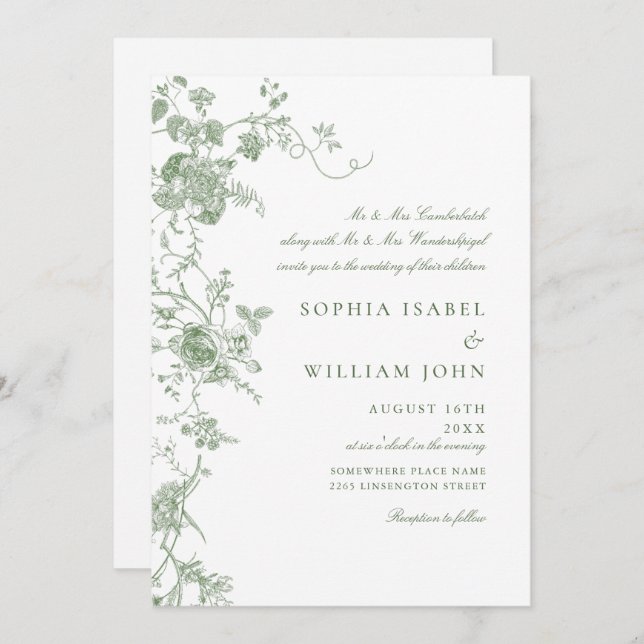 Elegant Victorian Sage Green French Floral Wedding Invitation (Front/Back)