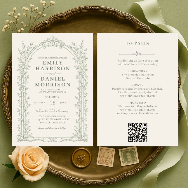 Elegant Victorian Sage Green QR Code Wedding Invitation (Creator Uploaded)