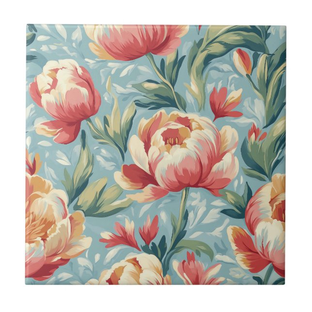Elegant Victorian Style Floral Peonies Tulips Ceramic Tile (Front)