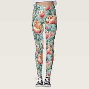 Elegant Victorian Style Floral Peonies Tulips Leggings